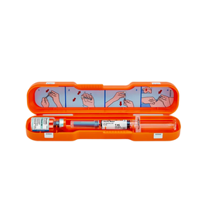 Open orange Glucagon Emergency Kit case containing a Glucagon for Injection 1 mg vial and a 1 mL sterile water diluent syringe, with four illustrated mixing and injection steps
