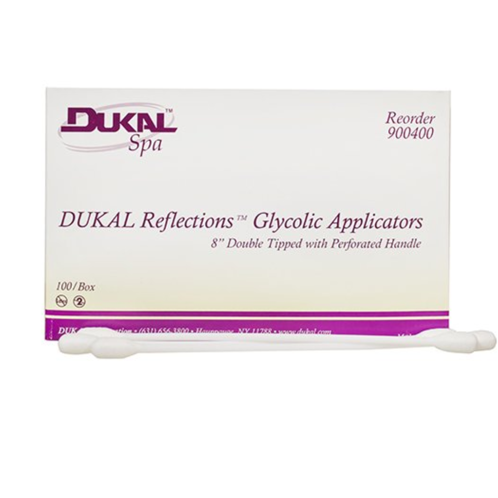 Box of Dukal Item # 900400 Spa Glycolic Applicators with multiple applicators on a white  background