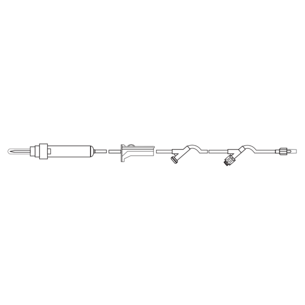 MedSource Labs dual-port IV administration set with 83-inch tubing, 10 or 15 drops/mL, and two Y-sites for reliable, sterile IV fluid delivery in med spa and wellness settings.
