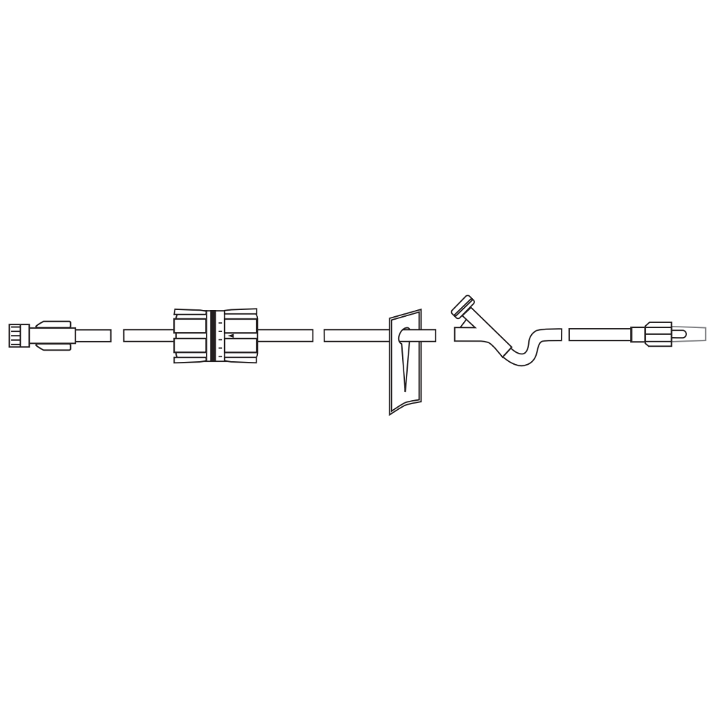 MedSource extension set visually showing each component including Flow Regulator, Split Septum Y-Site, Slide Clamp and Rotary Male Luer Lock