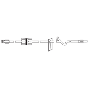 MedSource extension set visually showing each component including Flow Regulator, Split Septum Y-Site, Slide Clamp and Rotary Male Luer Lock