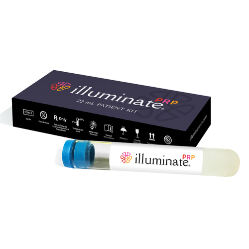 Illuminate PRP patient kit with packaging and tube on a white background