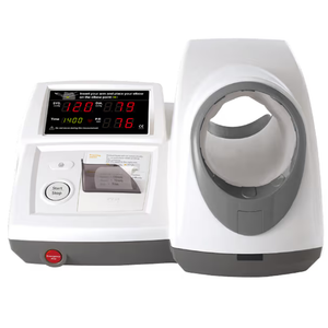 White and gray medical device with digital display on a white background