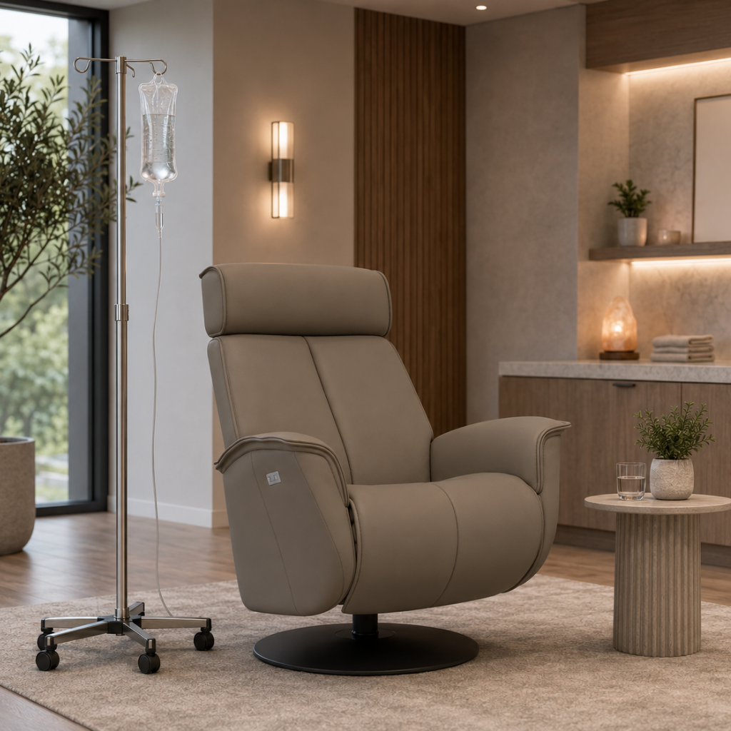 Ingrid IV Therapy Chair with Cement upholstery features a dual-motor ergonomic system with independent footrest and backrest controls, the Ingrid provides continuous support and personalized positioning
