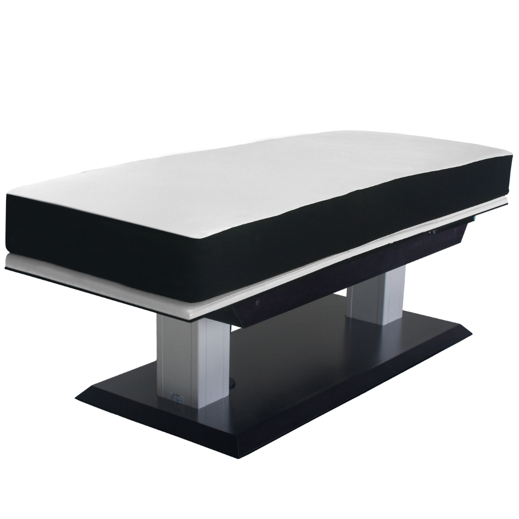 LEC Aspen GT™ Multipurpose Treatment Table adjustable treatment table with cushioned upholstery and sturdy base, designed for use in Med Spas, wellness, and therapeutic practices illustrating the flat top.