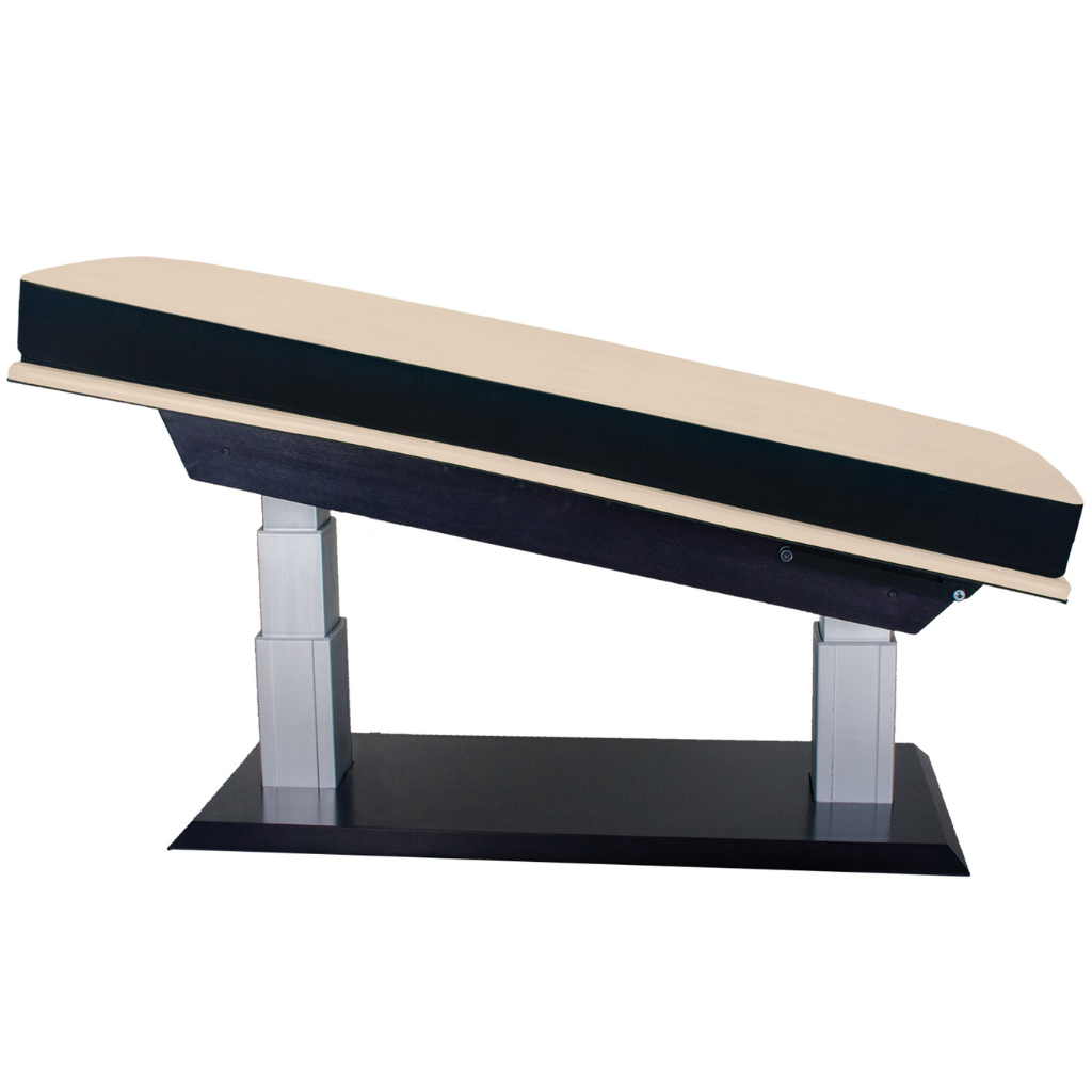 LEC Aspen GT™ Multipurpose Treatment Table adjustable treatment table with cushioned upholstery and sturdy base, designed for use in Med Spas, wellness, and therapeutic practices illustrating covered motors.