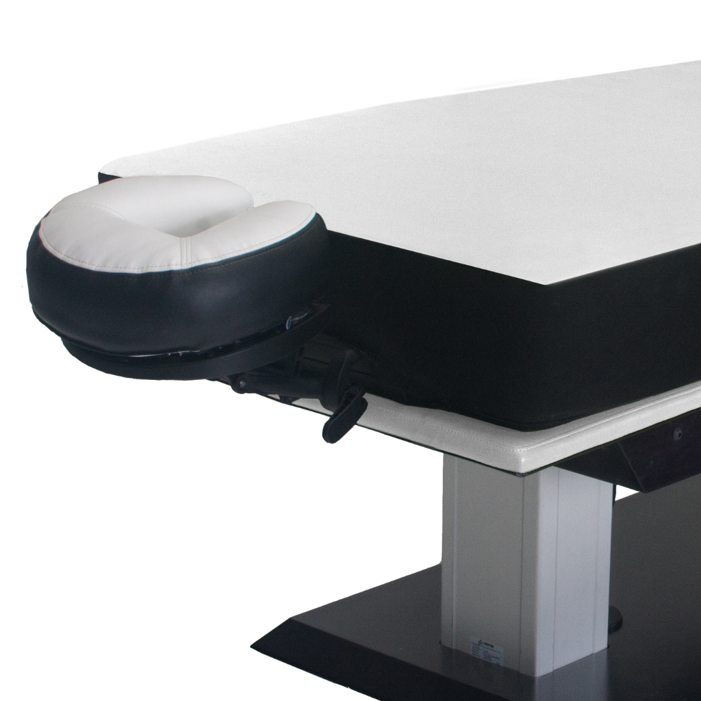 LEC Aspen GT™ Multipurpose Treatment Table adjustable treatment table with cushioned upholstery and sturdy base, designed for use in Med Spas, wellness, and therapeutic practices illustrating the headrest.