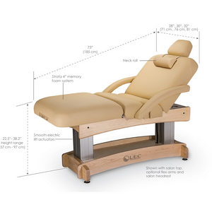 The LEC Aspen™ Spa Treatment Table shown with optional salon Accessories (headrest, neck roll and Flex Arms) and an illustration of table measurements.
