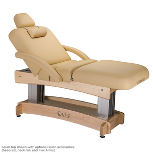 The LEC Aspen™ Spa Treatment Table shown with optional salon Accessories (headrest, neck roll and Flex Arms)