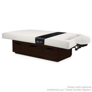 LEC Century City™ Dual-Pedestal Low-Range Treatment Table illustrating the optional Conforma Lux Adaptive Chest Comfort System.