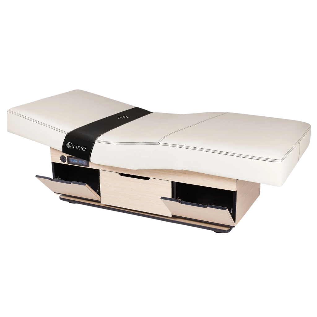 The LEC Century City Dual-Pedestal Low-Range Treatment Table illustrating the open cabinets.