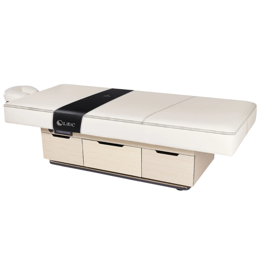 The LEC Century City Dual-Pedestal Low-Range Treatment Table illustrating flat table with a facepillow.