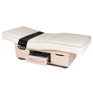 LEC Century City™ Dual-Pedestal Low-Range Treatment Table with Digital Warming Drawer illustrating the open digital warming drawer.