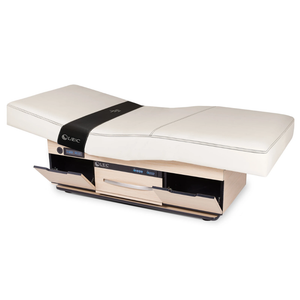 LEC Century City™ Dual-Pedestal Low-Range Treatment Table with Digital Warming Drawer illustrating the closed digital warming drawer and open cabinets.