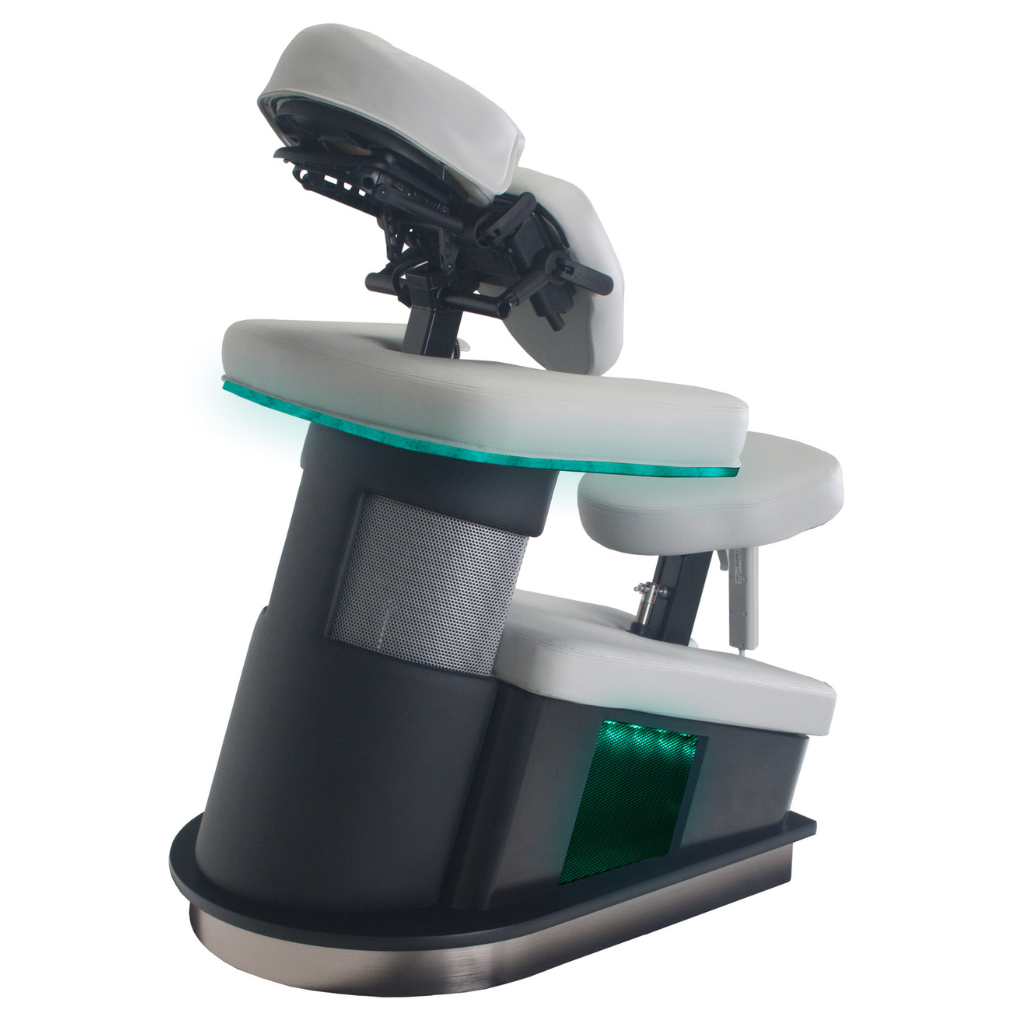 LEC FusionLite™ Chair stationary massage chair with ergonomic cushion, adjustable electronic positioning, aqua chromatherapy lighting, and aromatherapy well, ideal for Med Spa, Massage, and Wellness Practices illustrating the aqua chromatherapy lighting.