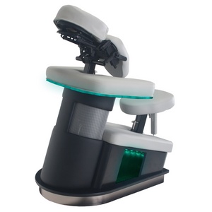 LEC FusionLite™ Chair stationary massage chair with ergonomic cushion, adjustable electronic positioning, aqua chromatherapy lighting, and aromatherapy well, ideal for Med Spa, Massage, and Wellness Practices illustrating the aqua chromatherapy lighting.