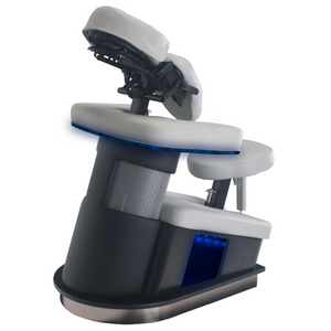 LEC FusionLite™ Chair stationary massage chair with ergonomic cushion, adjustable electronic positioning, aqua chromatherapy lighting, and aromatherapy well, ideal for Med Spa, Massage, and Wellness Practices illustrating the blue chromatherapy lighting.