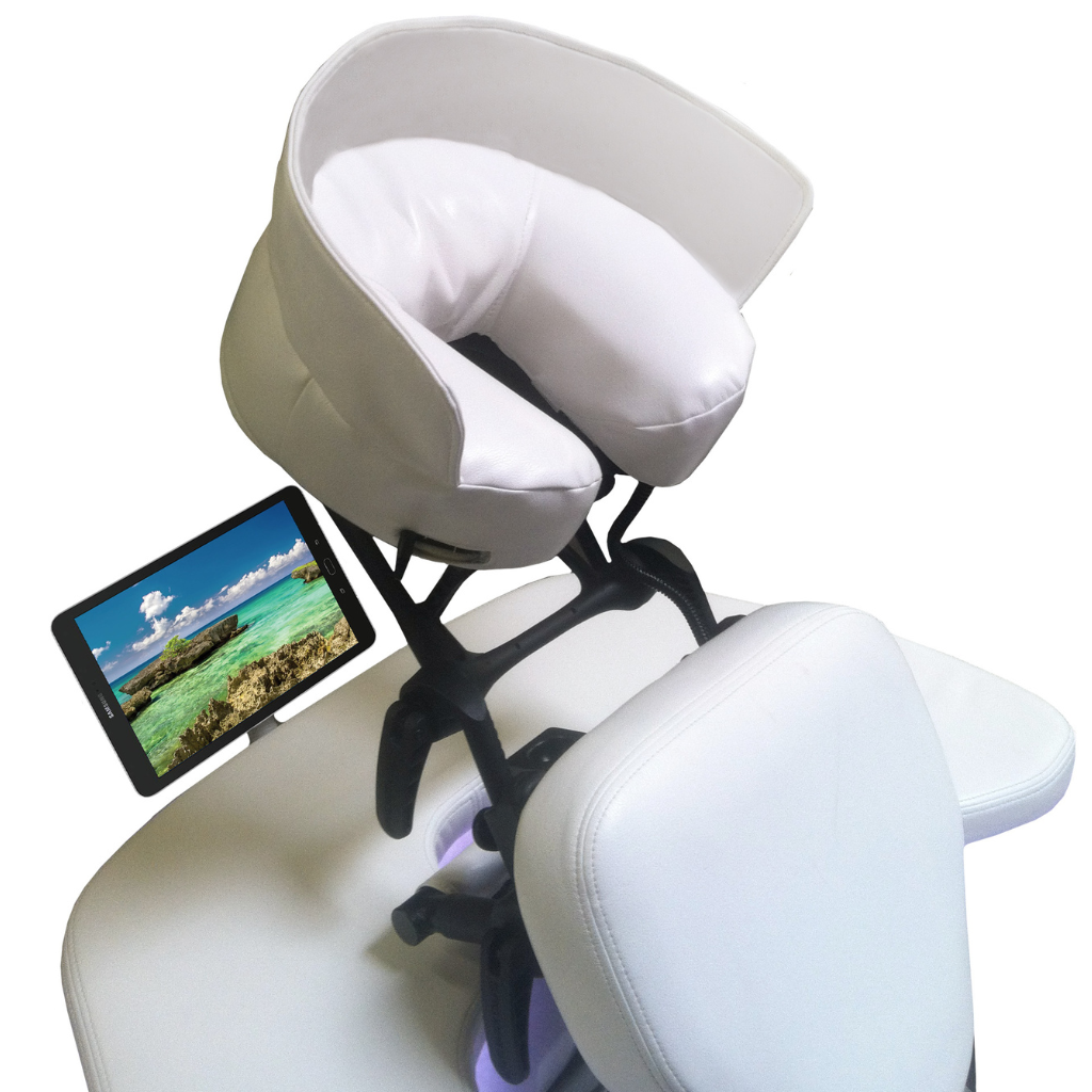 LEC FusionLite™ Chair stationary massage chair with ergonomic cushion, adjustable electronic positioning, aqua chromatherapy lighting, and aromatherapy well, ideal for Med Spa, Massage, and Wellness Practices illustrating the face pillow and tablet with meditative journeys.