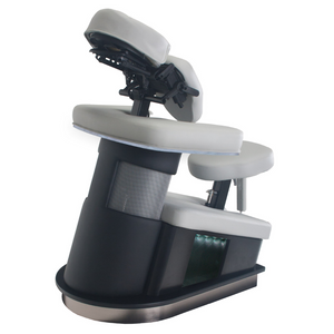 LEC FusionLite™ Chair stationary massage chair with ergonomic cushion, adjustable electronic positioning, chromatherapy lighting, and aromatherapy well, ideal for spa, massage, and wellness practices illustrating the front view.