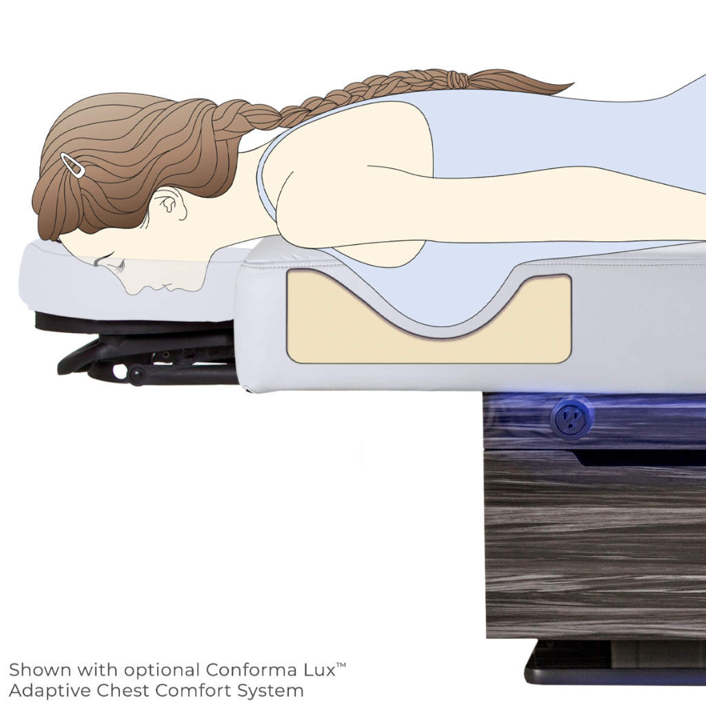 LEC INSIGNIA 2.0 CLASSIC™ multi-purpose treatment table with a replaceable mattress illustrating the optional Conforma Lux Adaptive Chest Comfort System.