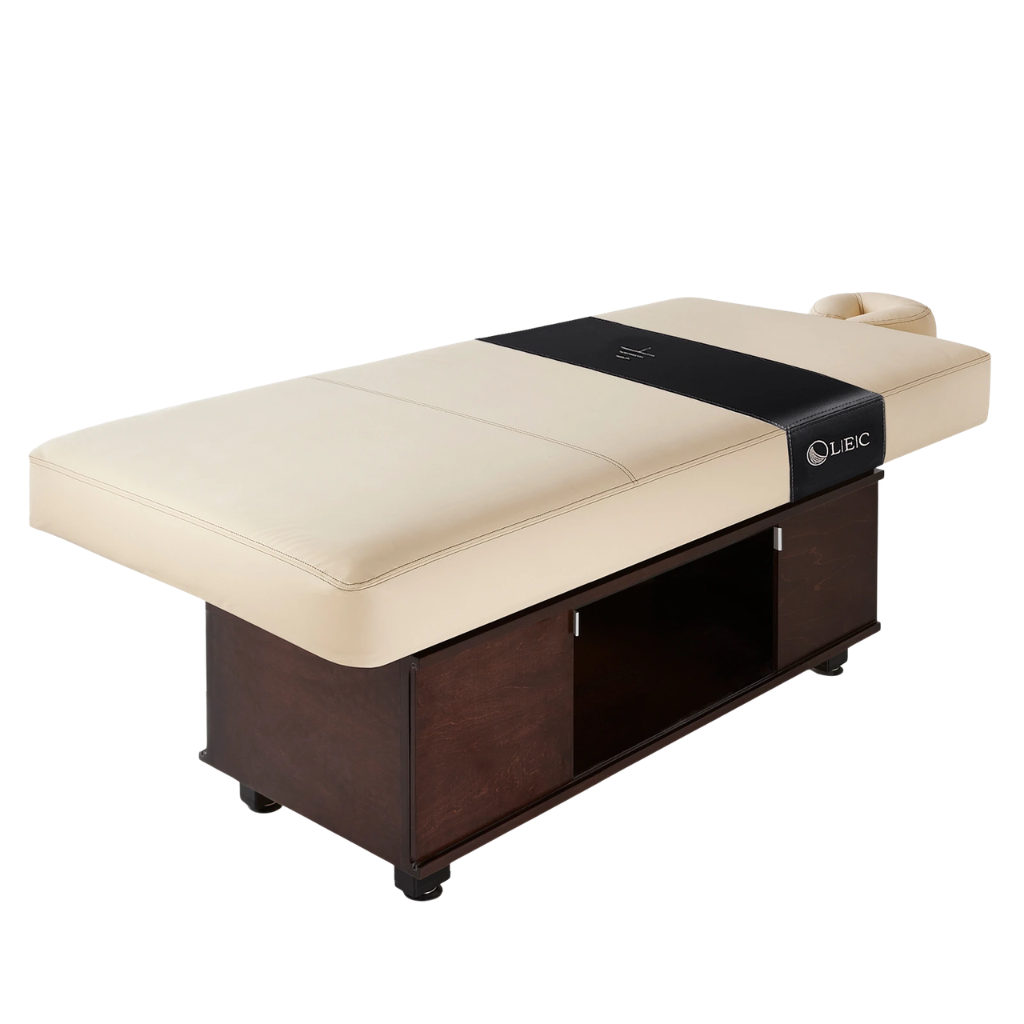 LEC INSIGNIA 2.0 CLASSIC™ multi-purpose treatment table with a replaceable mattress, ergonomic cushioning, and a durable design ideal for Med Spas and wellness practices illustrating open doors.