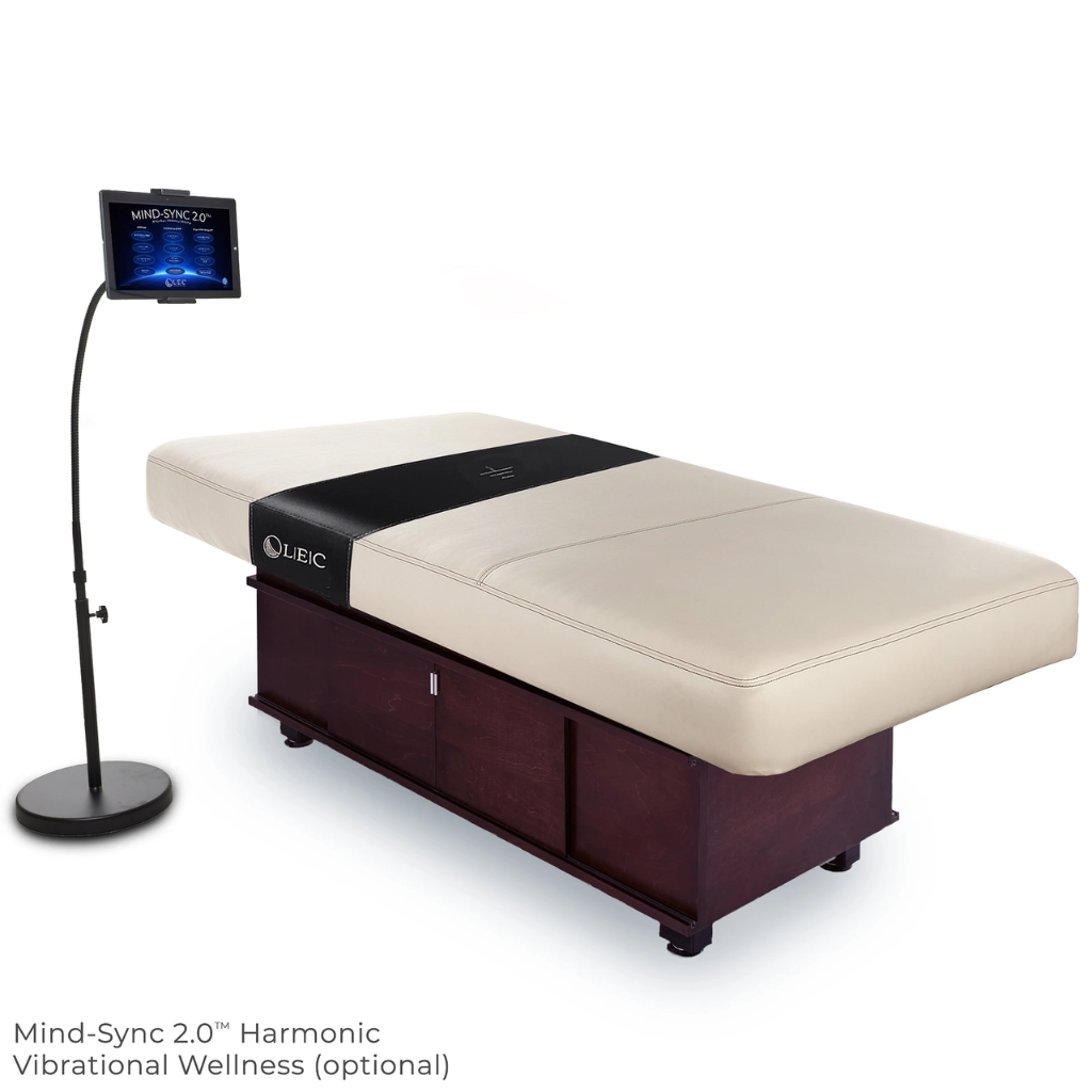 LEC INSIGNIA 2.0 CLASSIC™ multi-purpose treatment table with a replaceable mattress, ergonomic cushioning, and a durable design ideal for Med Spas and wellness practices, illustrating Mind-Sync Restorative Vibrational Wellness Option.
