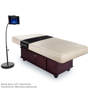 LEC INSIGNIA 2.0 CLASSIC™ multi-purpose treatment table with a replaceable mattress, ergonomic cushioning, and a durable design ideal for Med Spas and wellness practices, illustrating Mind-Sync Restorative Vibrational Wellness Option.