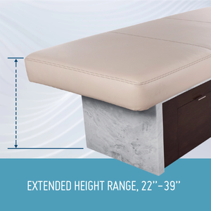 LEC INSIGNIA 2.0 ELLIPSE™ multi-purpose treatment table with a replaceable mattress illustrating the Extended height range of 22"-39" (55cm-99cm)