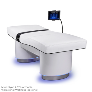 LEC INSIGNIA 2.0 ELLIPSE™ multi-purpose treatment table with a replaceable mattress, ergonomic cushioning, and a durable design ideal for Med Spas and wellness practices, illustrating Mind-Sync Restorative Vibrational Wellness Option.