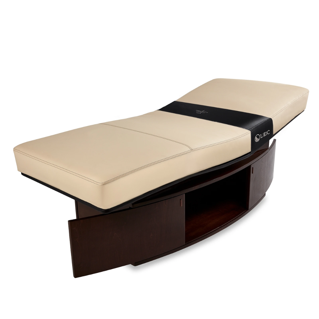 Illustrating open doors of the LEC INSIGNIA 2.0 HORIZON_Multi-Purpose Treatment Table with Replaceable Mattress, ergonomic cushioning, and a durable design ideal for Med Spas and wellness practices.