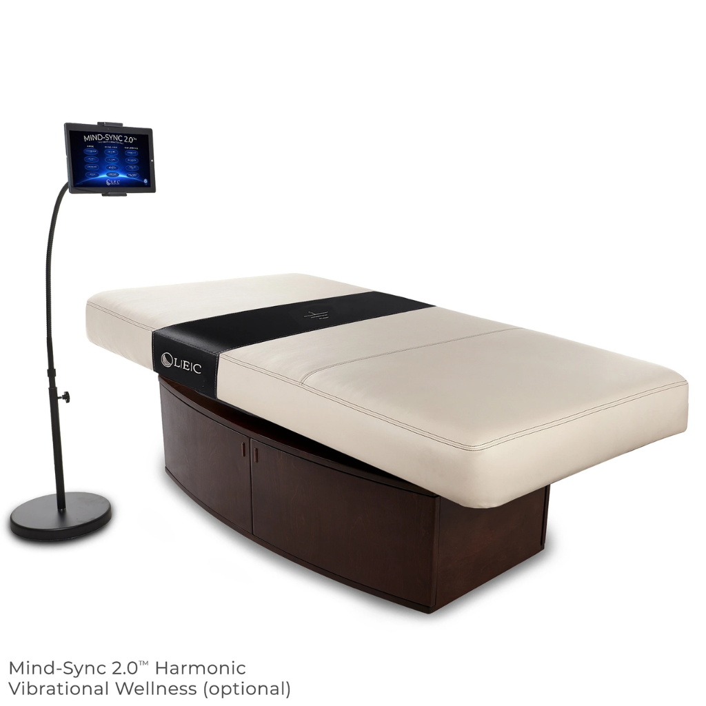 LEC INSIGNIA 2.0 HORIZON_Multi-Purpose Treatment Table with Replaceable Mattress , ergonomic cushioning, and a durable design ideal for Med Spas and wellness practices illustrating Mind-Sync Restorative Vibrational Wellness Option.