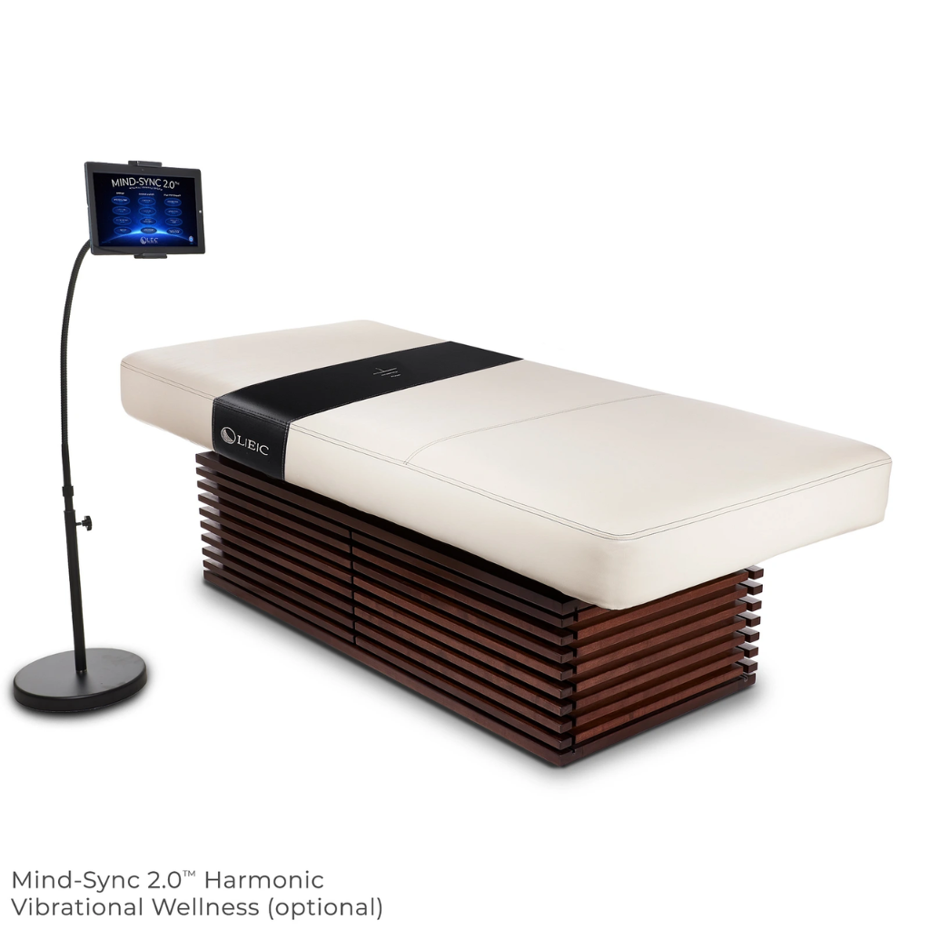 LEC INSIGNIA 2.0 MODERN™ multi-purpose treatment table with a replaceable mattress, ergonomic cushioning, and a durable design ideal for Med Spas and wellness practices, illustrating Mind-Sync Restorative Vibrational Wellness Option.
