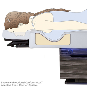 LEC INSIGNIA 2.0 WATERFALL™ multi-purpose treatment table with a replaceable mattress illustrating the optional Conforma Lux Adaptive Chest Comfort System.