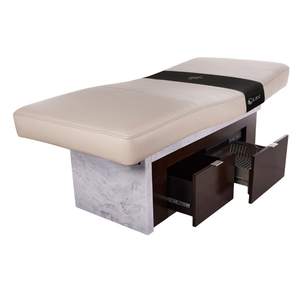 LEC INSIGNIA 2.0 WATERFALL™ multi-purpose treatment table with a replaceable mattress, ergonomic cushioning, and a durable design ideal for Med Spas and wellness practices illustrating open drawers.