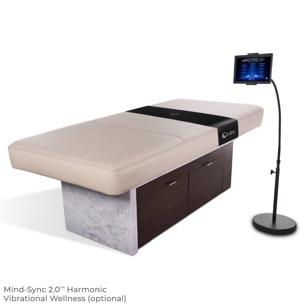 LEC INSIGNIA 2.0 WATERFALL™ multi-purpose treatment table with a replaceable mattress, ergonomic cushioning, and a durable design ideal for Med Spas and wellness practices, illustrating Mind-Sync Restorative Vibrational Wellness Option.