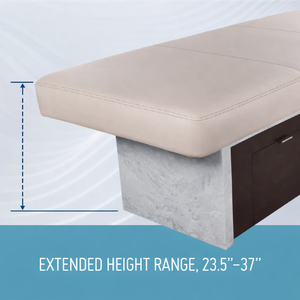 LEC INSIGNIA 2.0 WAVERLY™ multi-purpose treatment table with a replaceable mattress illustrating the Extended height range of 23.5"-37" (60cm-94cm)