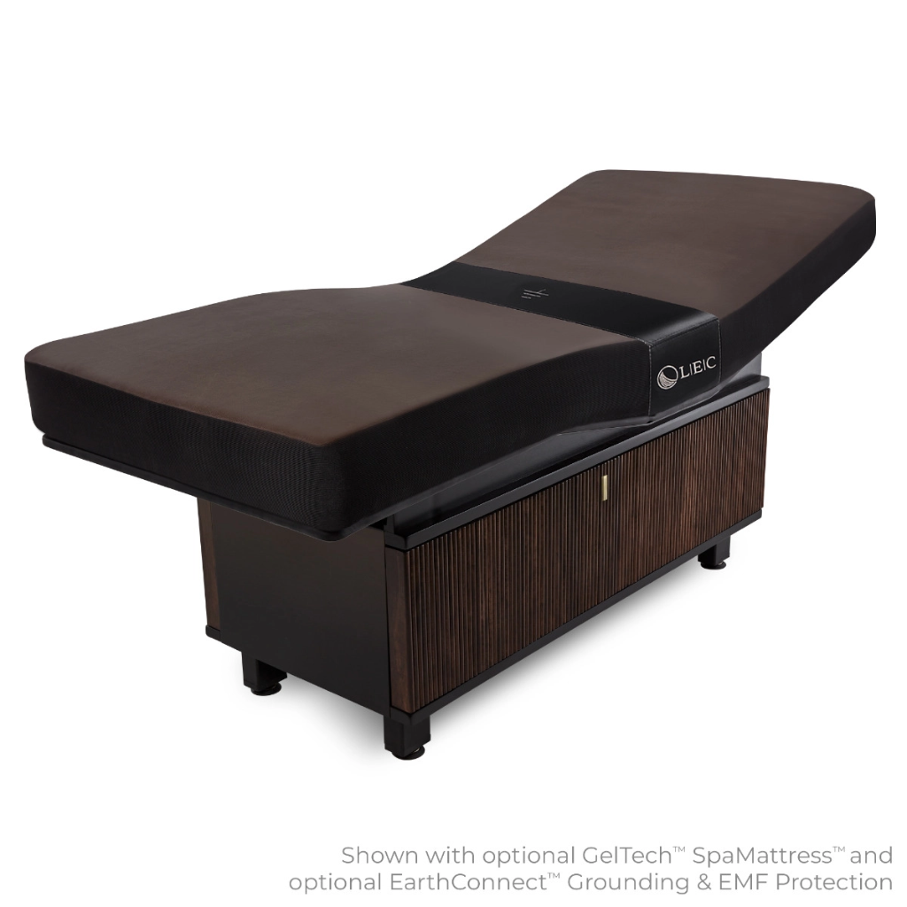 LEC INSIGNIA 2.0 WAVERLY™ multi-purpose treatment table with a replaceable mattress, ergonomic cushioning, and a durable design ideal for Med Spas and wellness practices illustrating the GelTech SpaMattress.