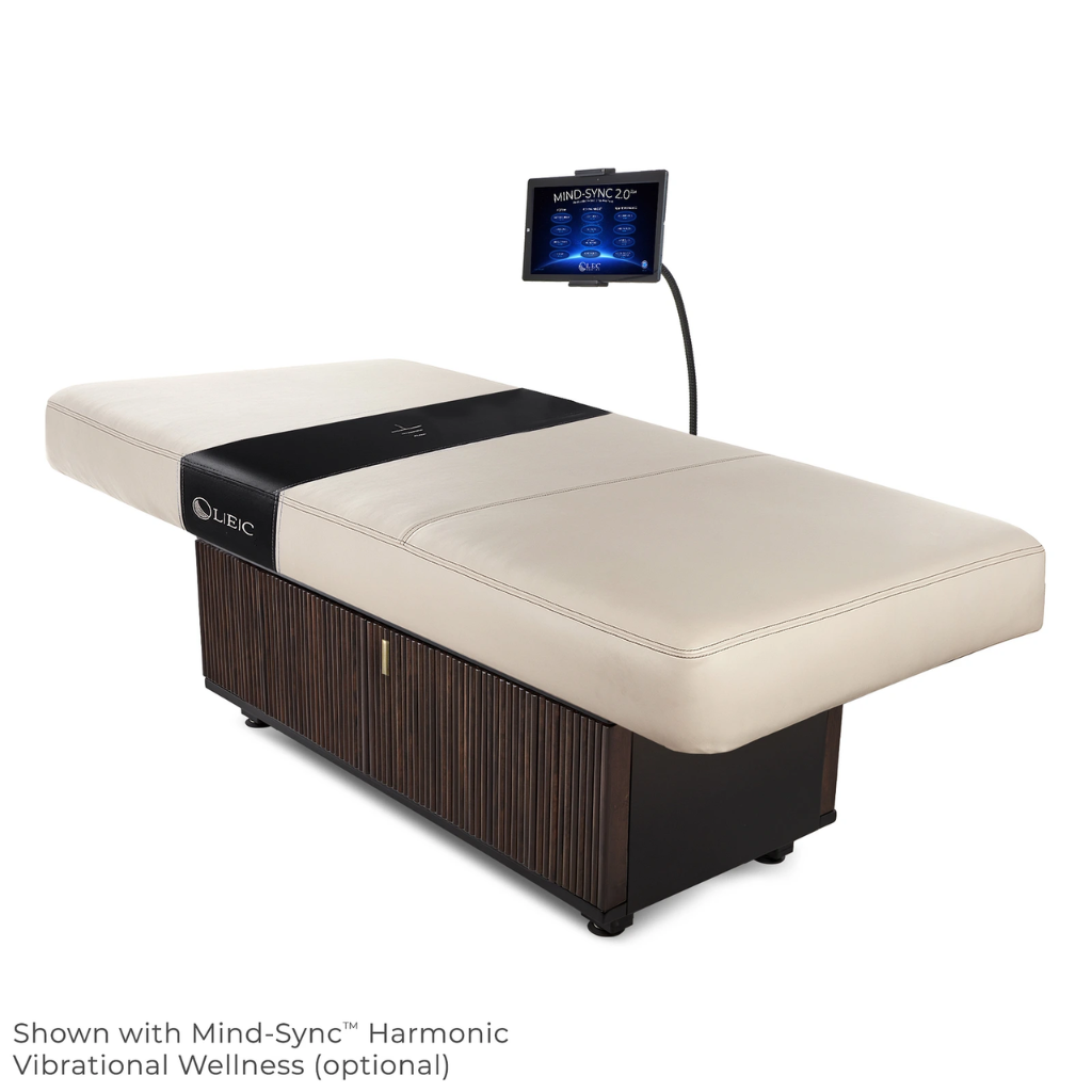 LEC INSIGNIA 2.0 WAVERLY™ multi-purpose treatment table with a replaceable mattress, ergonomic cushioning, and a durable design ideal for Med Spas and wellness practices, illustrating Mind-Sync Restorative Vibrational Wellness Option.