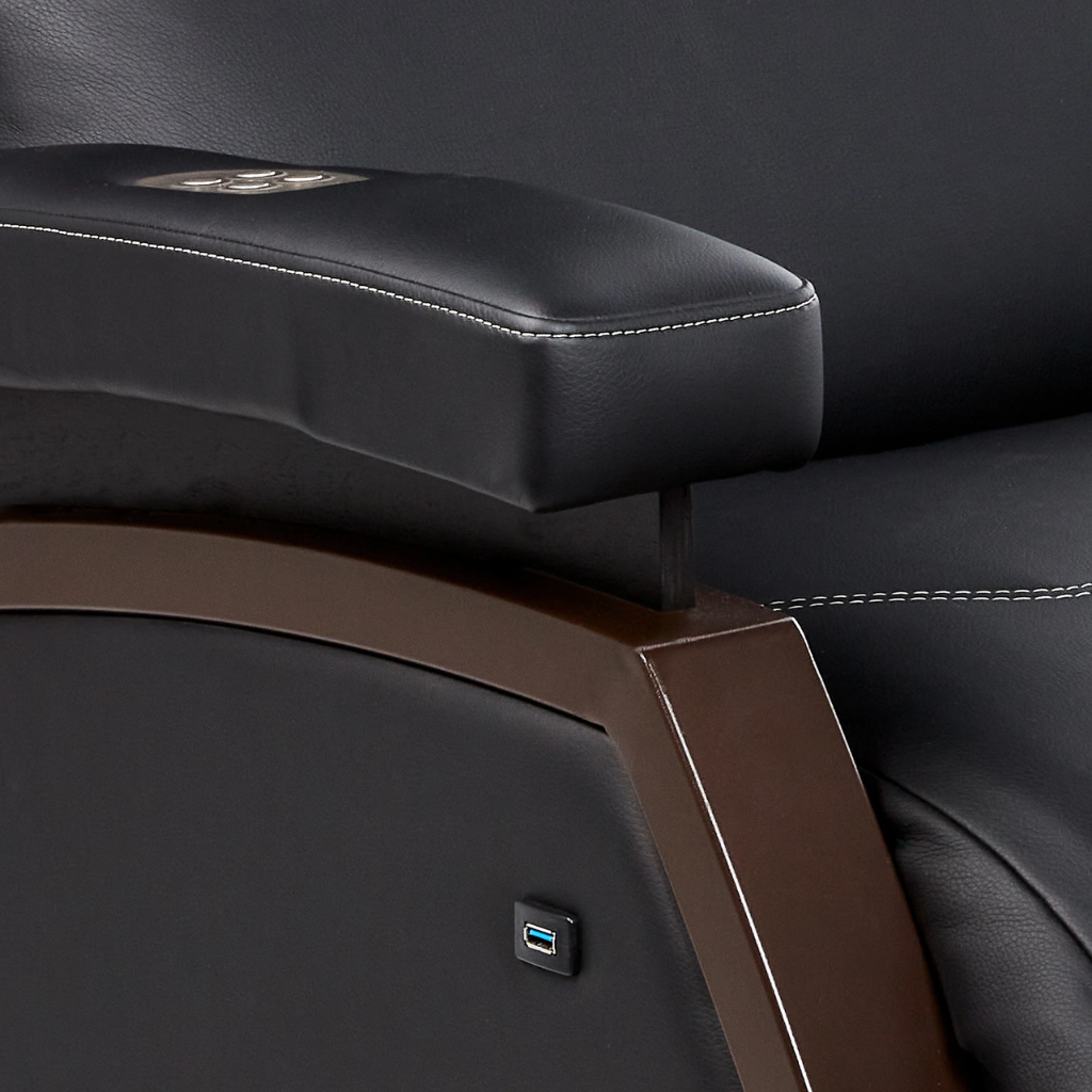LEC Mind-Sync 2.0 Harmonic Wellness Lounger in a modern Med Spa setting, featuring a fully reclined ergonomic design with integrated harmonic sound and vibration technology for IV hydration and medical wellness treatments illustrating the armrest with controls.