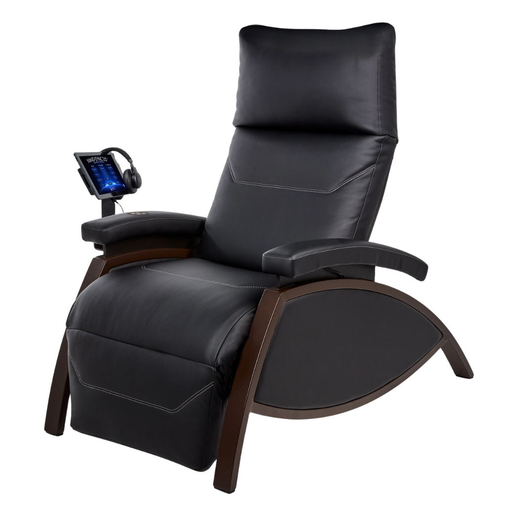 LEC Mind-Sync 2.0 Harmonic Wellness Lounger in a modern Med Spa setting, featuring a fully reclined ergonomic design with integrated harmonic sound and vibration technology for IV hydration and medical wellness treatments illustrating the upright position.