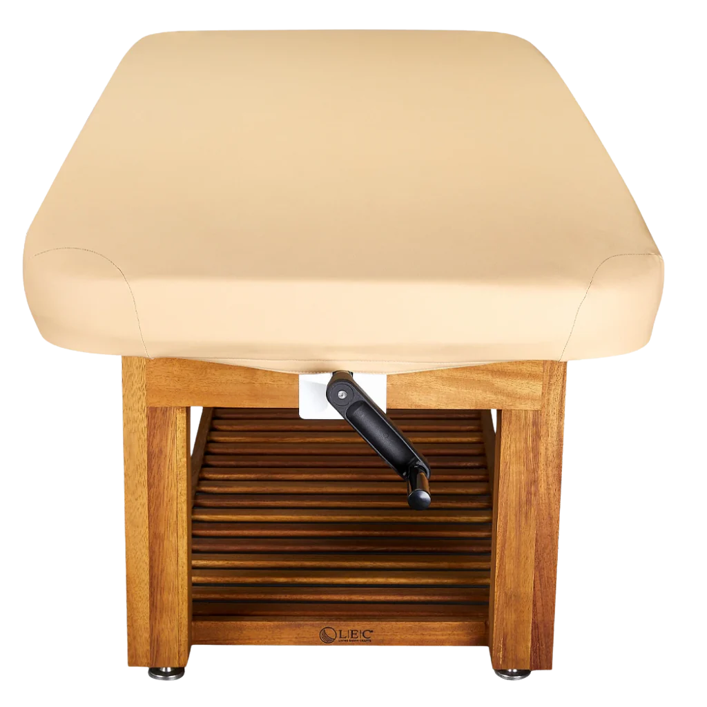 End view of Manual hydraulic lift system with ergonomic fold-away handle for the LEC Napa La Mer™ Spa and Salon Table with Teak Base.