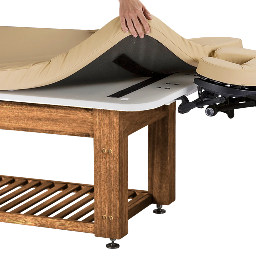 Detailed view of the LEC Napa La Mer™ Spa and Salon Table with Teak Base Mattress.