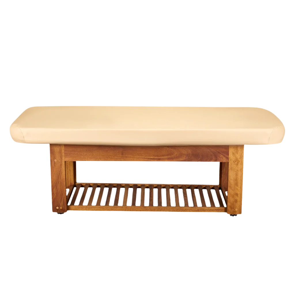 Side view of LEC Napa La Mer™ Spa and Salon Table with Teak Base.