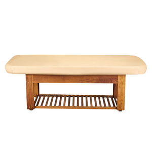 Side view of LEC Napa La Mer™ Spa and Salon Table with Teak Base.
