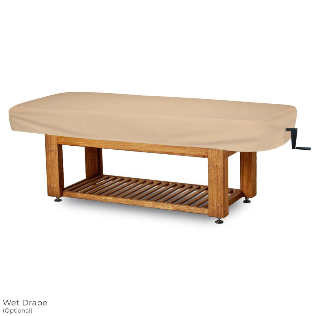 LEC Napa La Mer™ Spa and Salon Table with Teak Base illustrating the optional Wet Drape.