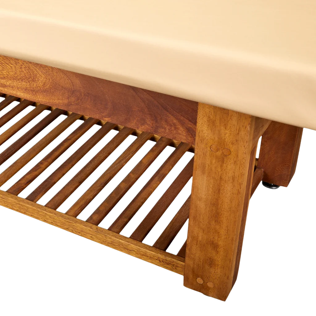 LEC Napa La Mer™ Spa and Salon Table with Teak Base close up view of the Teak detail.