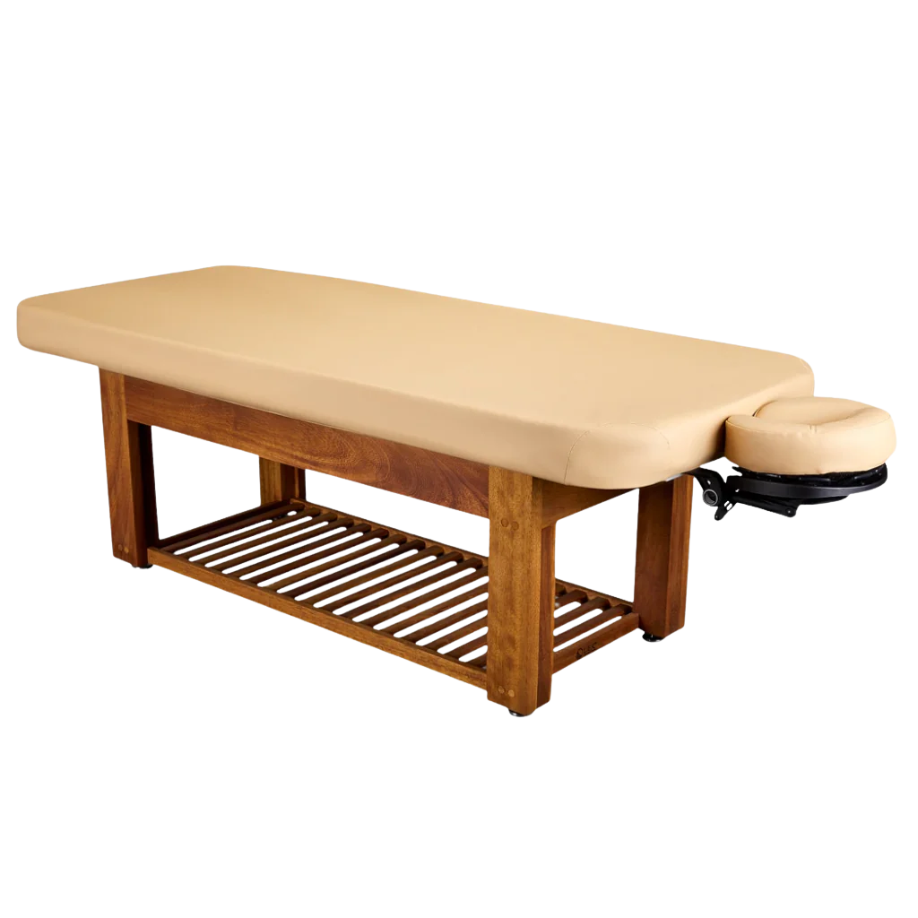 LEC Napa La Mer™ Spa and Salon Table with Teak Base with optional headrest.