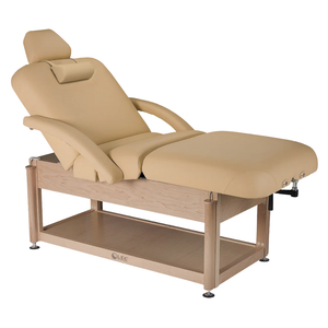 LEC Napa Treatment Table Shelf Base illustrating the salon top with the optional salon neck roll, headrest and flex-side arms.