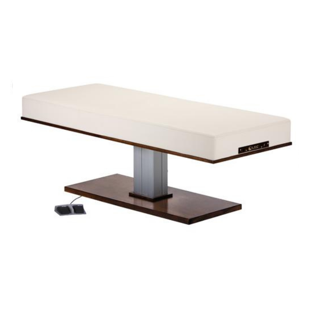 LEC Pedestal Massage Top Electric Lift Table with Salon top and pedestal base, upholstered surface and foot-pedal height control, designed for use in Med Spas, Esthetic and Massage Therapy Practices.