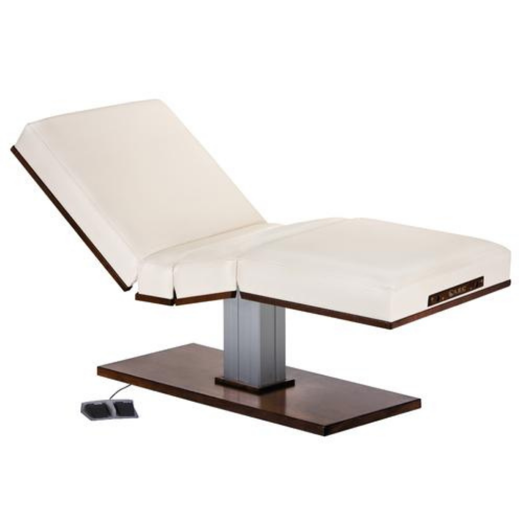LEC Pedestal Massage Top Electric Lift Table with Salon top and pedestal base, upholstered surface and foot-pedal height control, designed for use in Med Spas, Esthetic and Massage Therapy Practices.